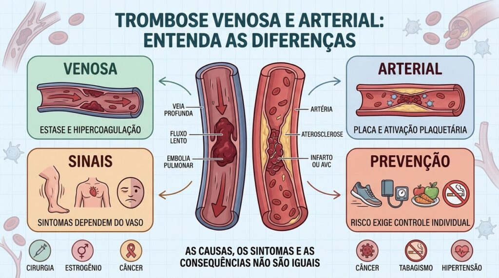 Trombose venosa envolve estase; arterial costuma envolver placas, plaquetas, infarto ou AVC.