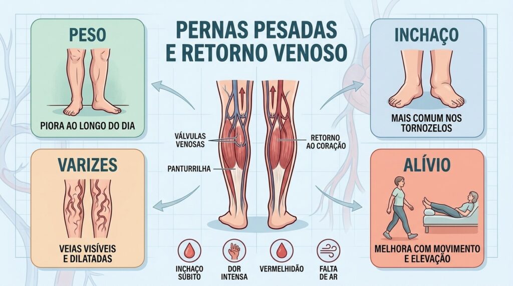 Peso, inchaço, varizes e melhora com elevação ajudam a identificar o padrão venoso.