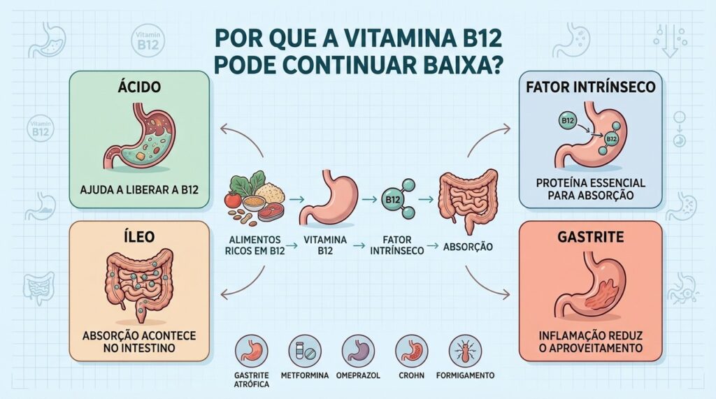 Ácido, fator intrínseco, íleo e gastrite explicam falhas na absorção da B12.