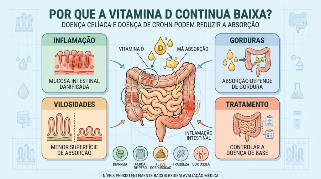 Inflamação, lesão das vilosidades e má absorção dificultam corrigir a vitamina D.