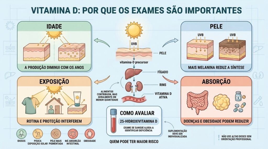 Idade, pele, exposição e absorção explicam por que o sol pode não bastar.