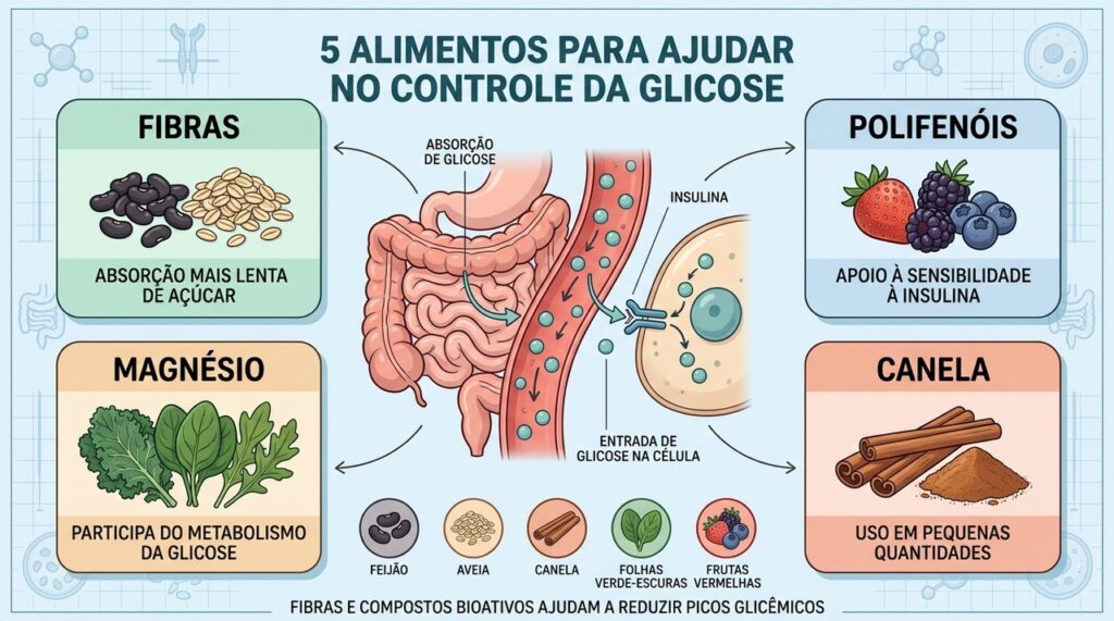 Fibras, polifenóis e micronutrientes ajudam no controle da glicose e da insulina.