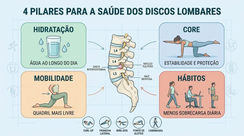 Hidratação, core, mobilidade e hábitos diários formam os quatro pilares da saúde discal.