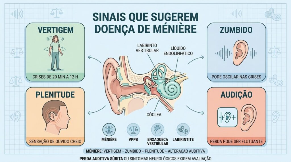 Vertigem, zumbido, plenitude e audição flutuante formam o padrão típico de Ménière.