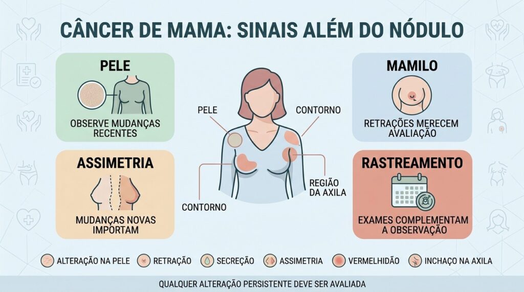 Pele, contorno, mamilo e axila também podem apresentar sinais importantes.
