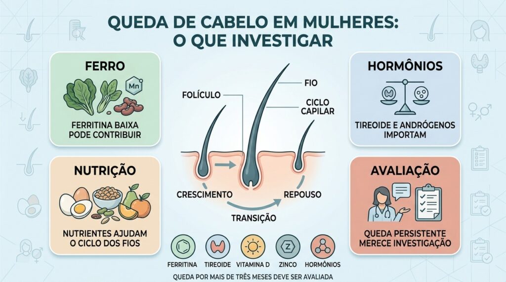 Ferro, hormônios, nutrição e avaliação ajudam a investigar a queda capilar feminina.