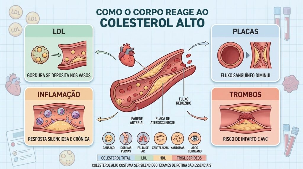 LDL, placas, inflamação e trombos explicam como o colesterol danifica as artérias.