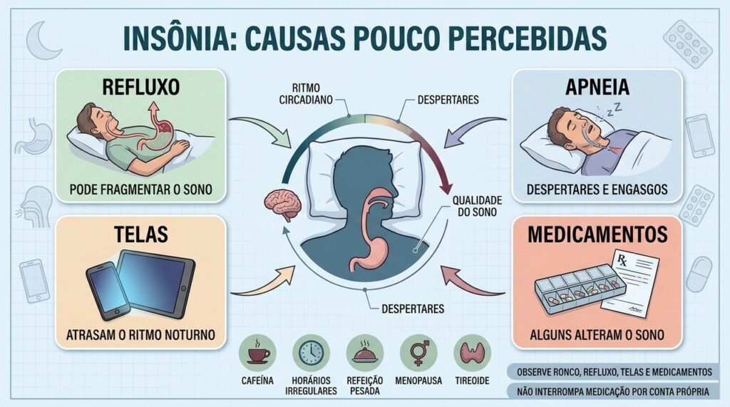 Refluxo, apneia, telas e medicamentos podem sustentar a insônia por semanas.