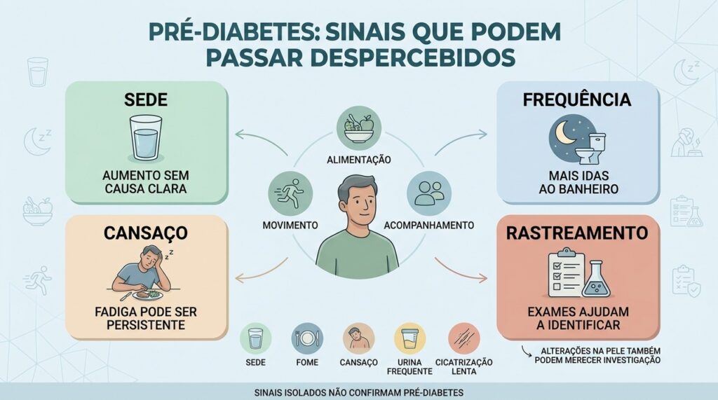 Sede, cansaço e urina frequente podem justificar investigação de alterações glicêmicas.