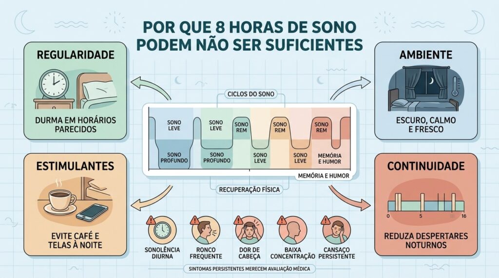 Regularidade, ambiente, menos estimulantes e sono contínuo favorecem descanso restaurador.