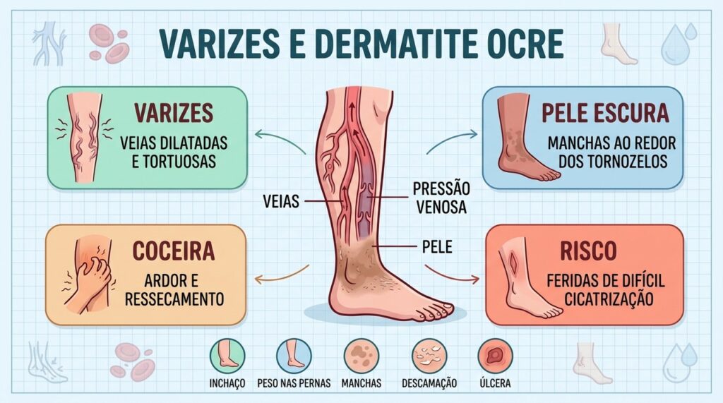 Varizes, pressão venosa e alterações da pele ajudam a reconhecer a dermatite ocre.