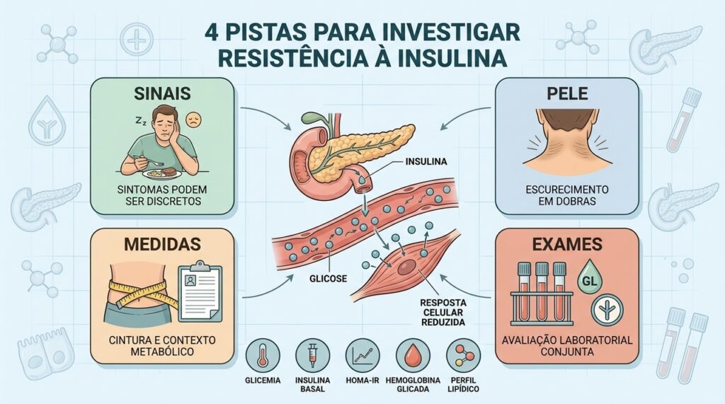 Sinais físicos, medidas corporais e exames ajudam a investigar alterações na ação da insulina.