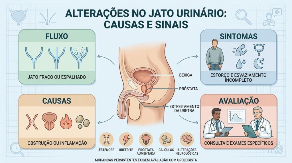 Fluxo, sintomas, causas e avaliação ajudam a investigar alterações urinárias persistentes.