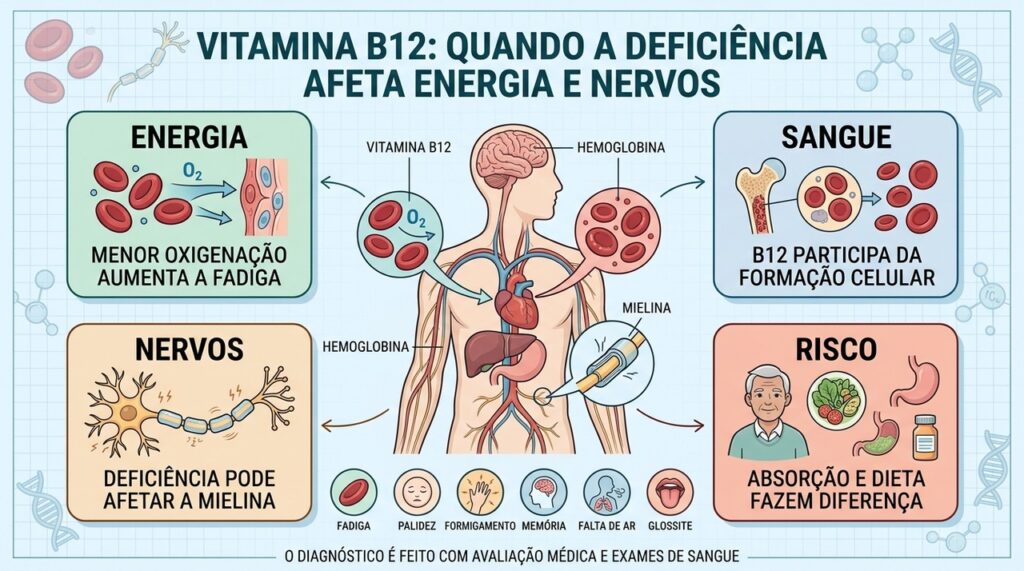 Energia, sangue, nervos e absorção explicam os principais efeitos da deficiência de B12.