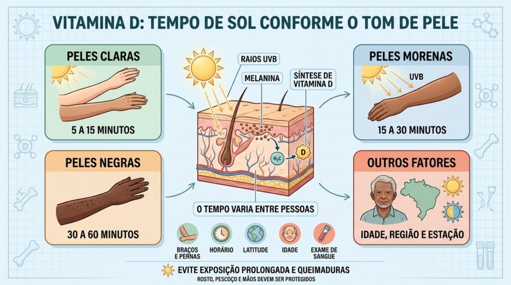 Fototipo, idade, região e estação alteram o tempo necessário para síntese de vitamina D.