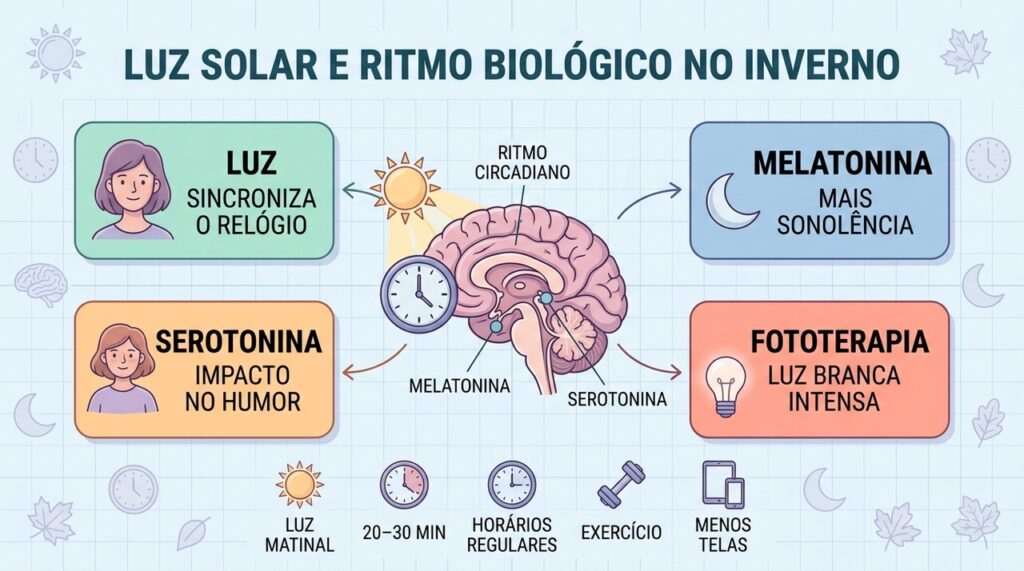 Luz matinal, rotina regular e fototerapia podem ajudar a preservar o ritmo circadiano.