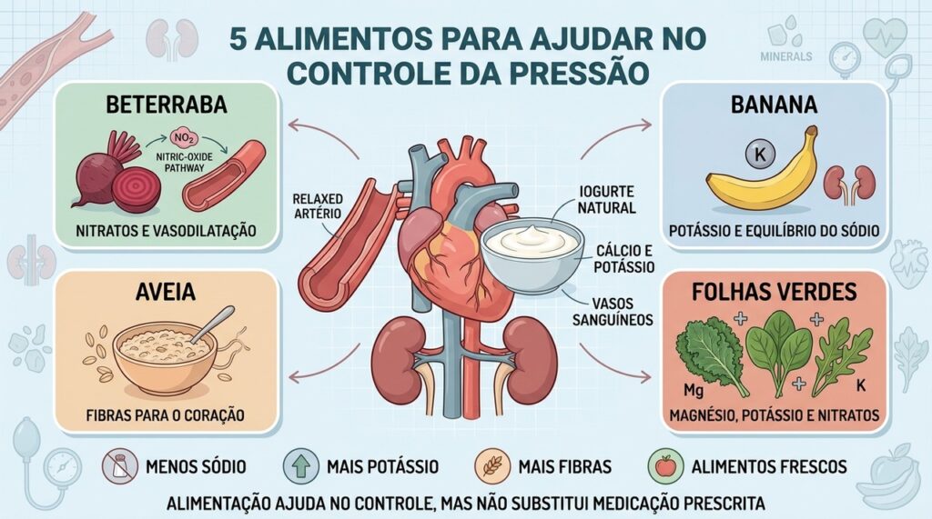 Nitratos, potássio, fibras e cálcio apoiam o controle alimentar da pressão.