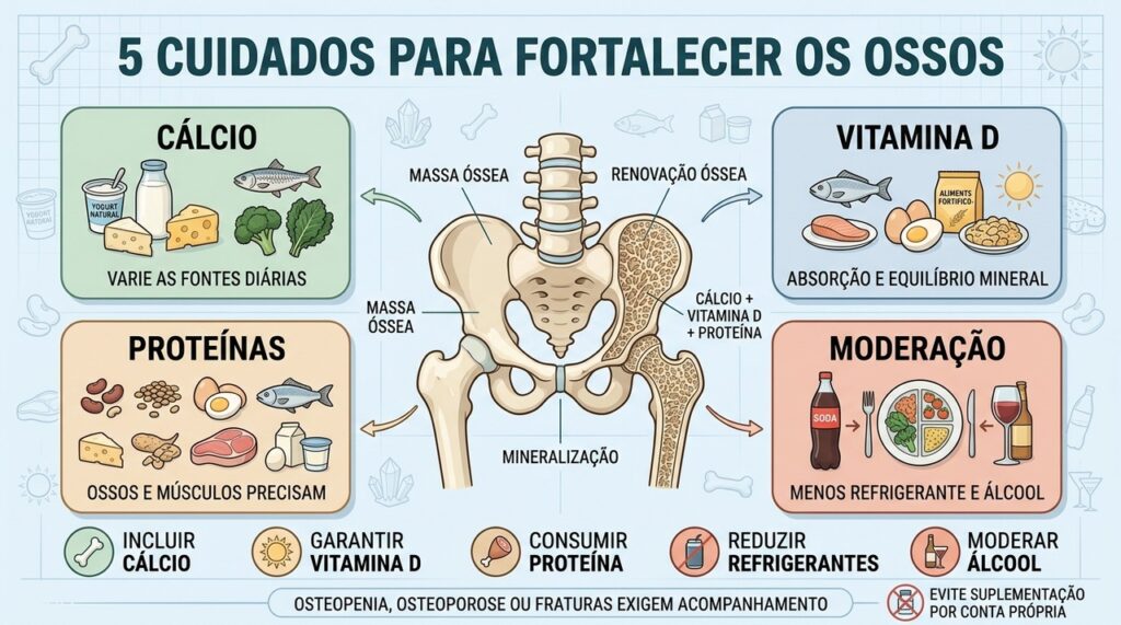 Cálcio, vitamina D, proteínas e moderação sustentam a saúde óssea ao longo da vida.