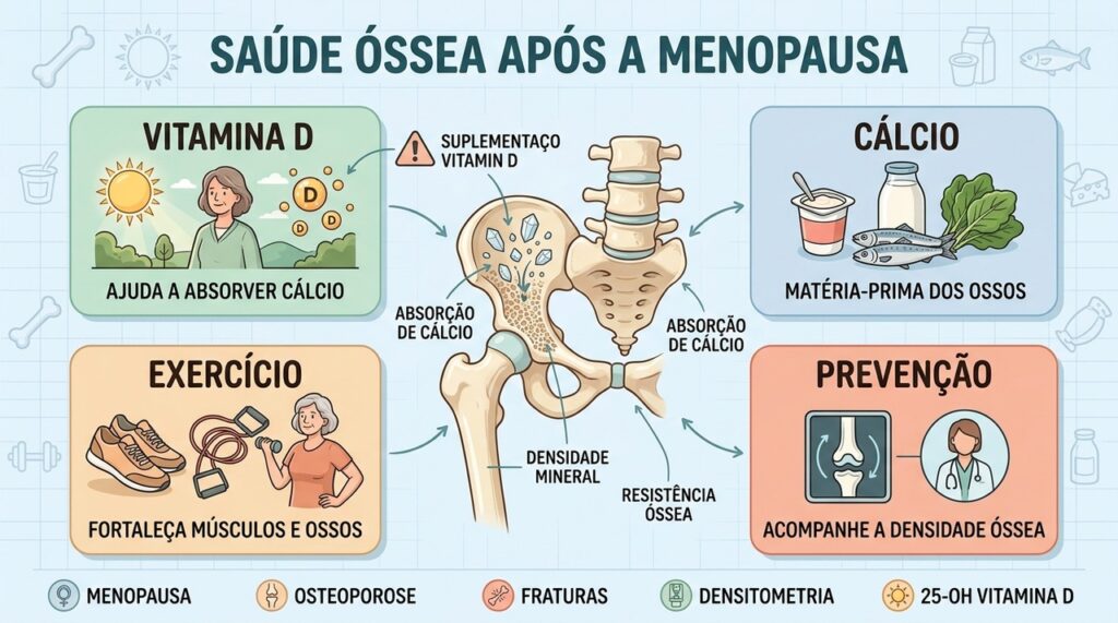 Vitamina D, cálcio, exercício e prevenção ajudam a preservar ossos após a menopausa.
