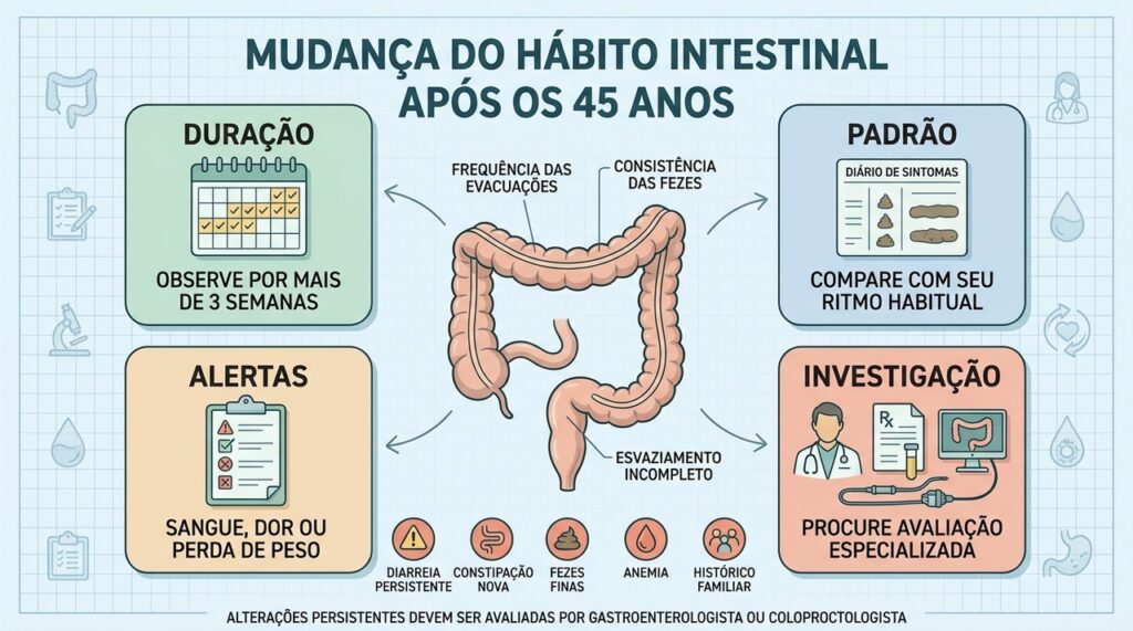 Duração, padrão, sinais de alerta e investigação orientam mudanças intestinais persistentes.