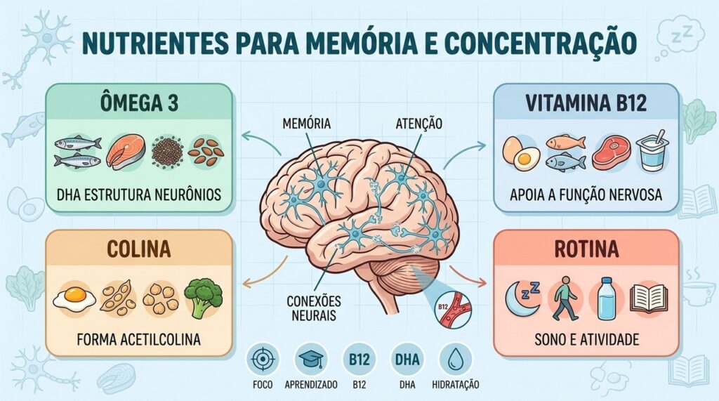 Ômega 3, B12, colina, sono e atividade física formam uma estratégia integrada para o cérebro.