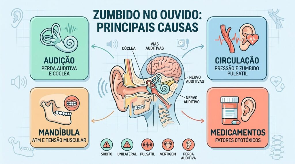 Perda auditiva, circulação, mandíbula e medicamentos estão entre as causas possíveis do tinnitus.