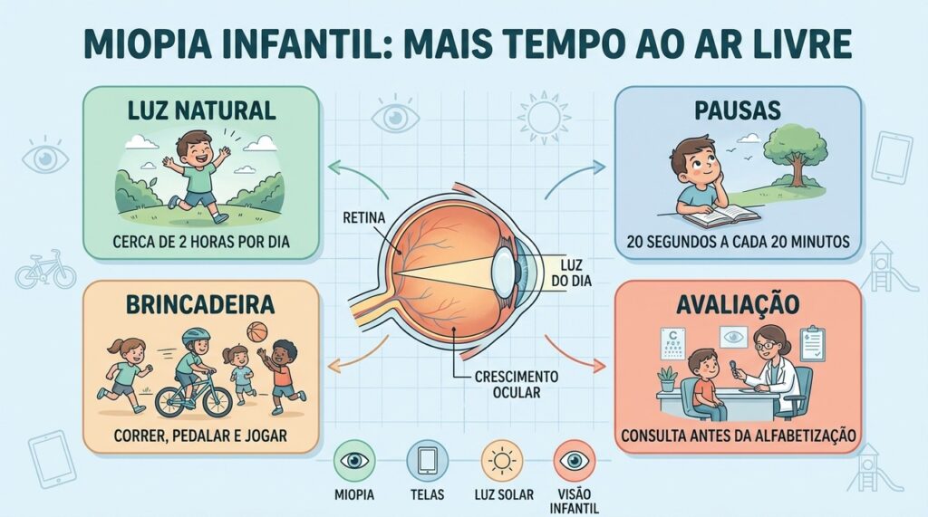 Luz natural, pausas visuais, brincadeiras e acompanhamento ajudam a proteger a visão infantil.
