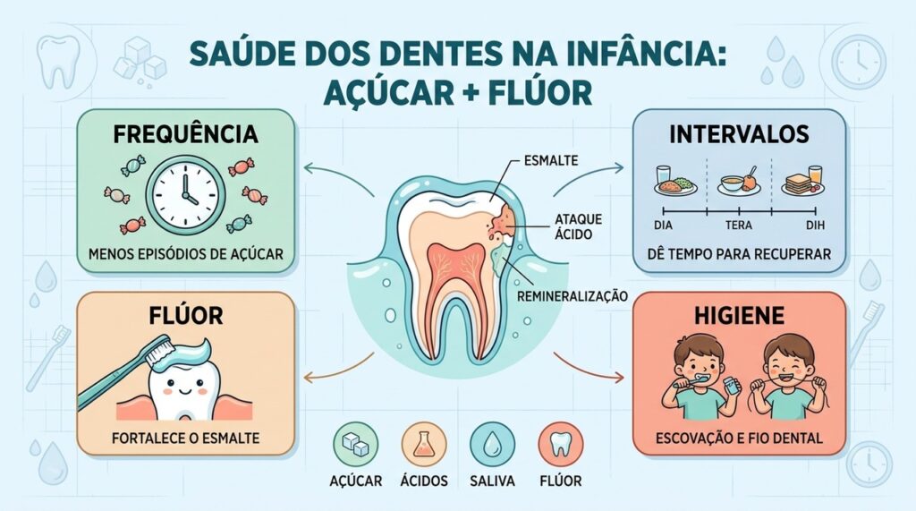 Quatro pilares protegem o esmalte infantil: menos açúcar frequente, intervalos, flúor e higiene bucal.
