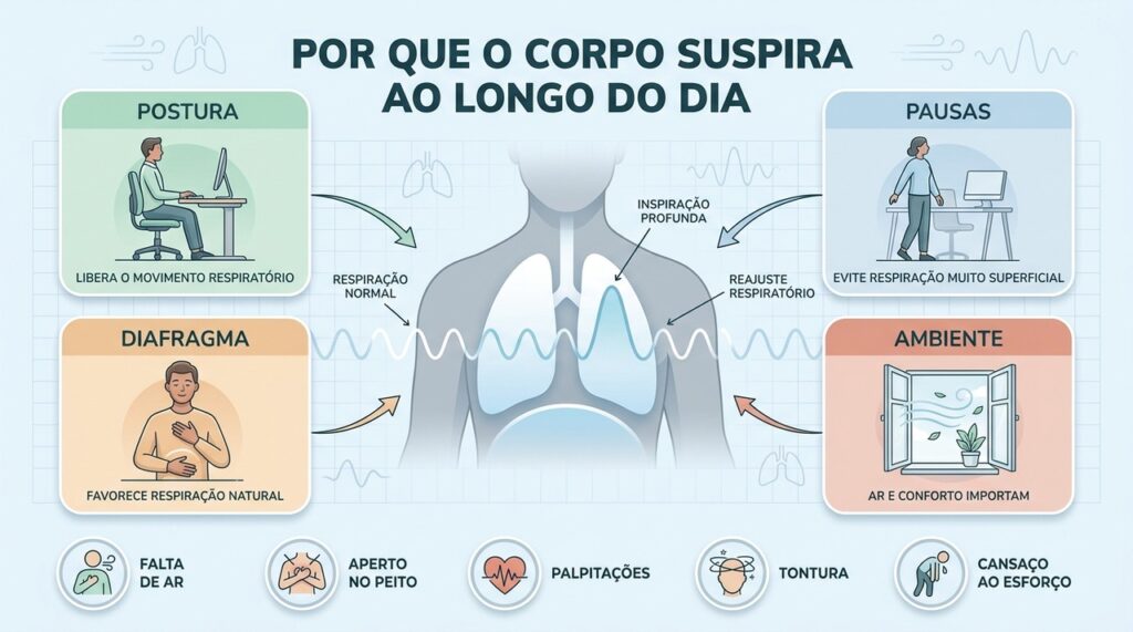 Postura, pausas, diafragma e ambiente influenciam o padrão respiratório diário.