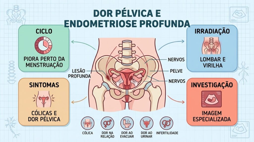Ciclo menstrual, irradiação da dor e sintomas pélvicos ajudam a reconhecer endometriose profunda.