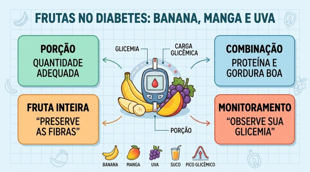 Porções, combinações, fibras e monitoramento ajudam a consumir frutas com diabetes.