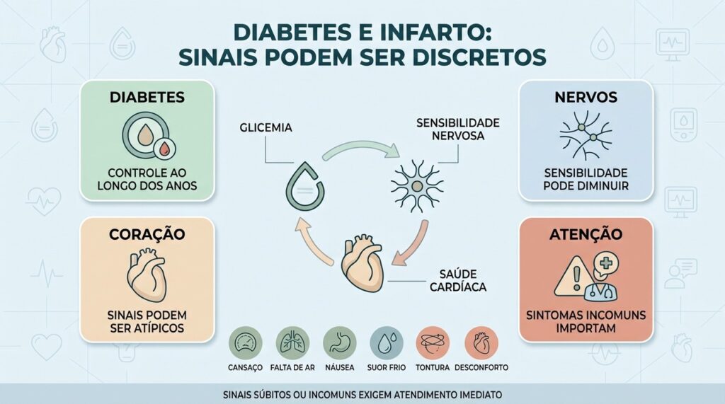 Diabetes pode reduzir a percepção de sinais cardíacos e dificultar o reconhecimento precoce.