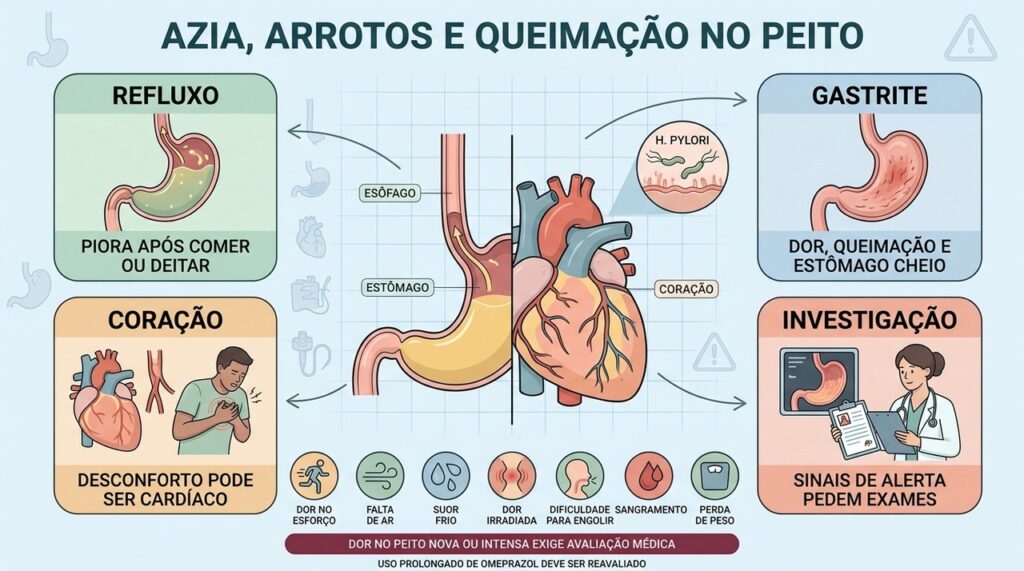 Refluxo, gastrite e causas cardíacas podem provocar sintomas parecidos no peito.