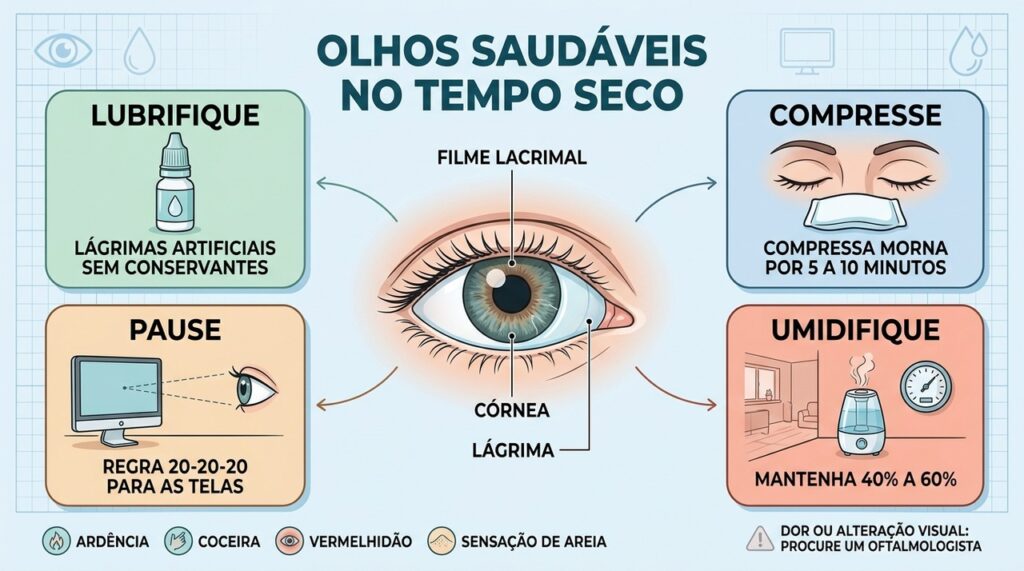 Lubrificação, compressas, pausas das telas e umidade ajudam a proteger o filme lacrimal.