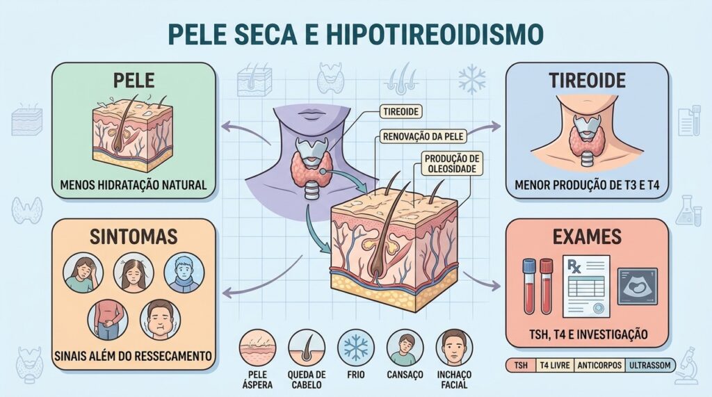 Pele, tireoide, sintomas e exames ajudam a diferenciar ressecamento de hipotireoidismo.