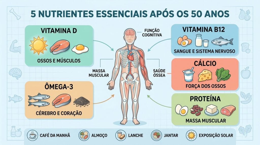 Cinco pilares nutricionais ajudam a proteger músculos, ossos, cérebro e autonomia após os 50 anos.