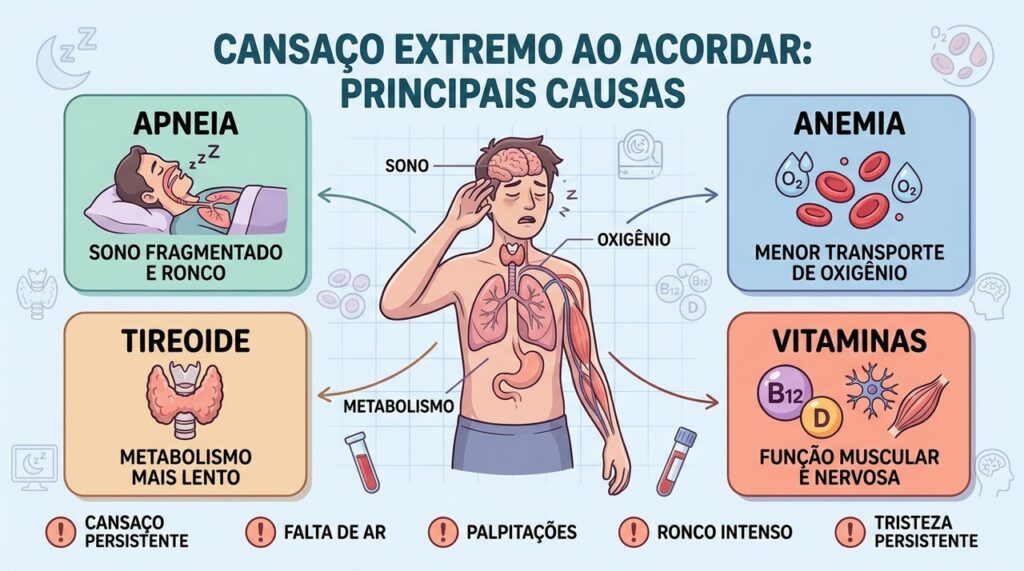 Apneia, anemia, hipotireoidismo e deficiências vitamínicas estão entre as causas do cansaço persistente.