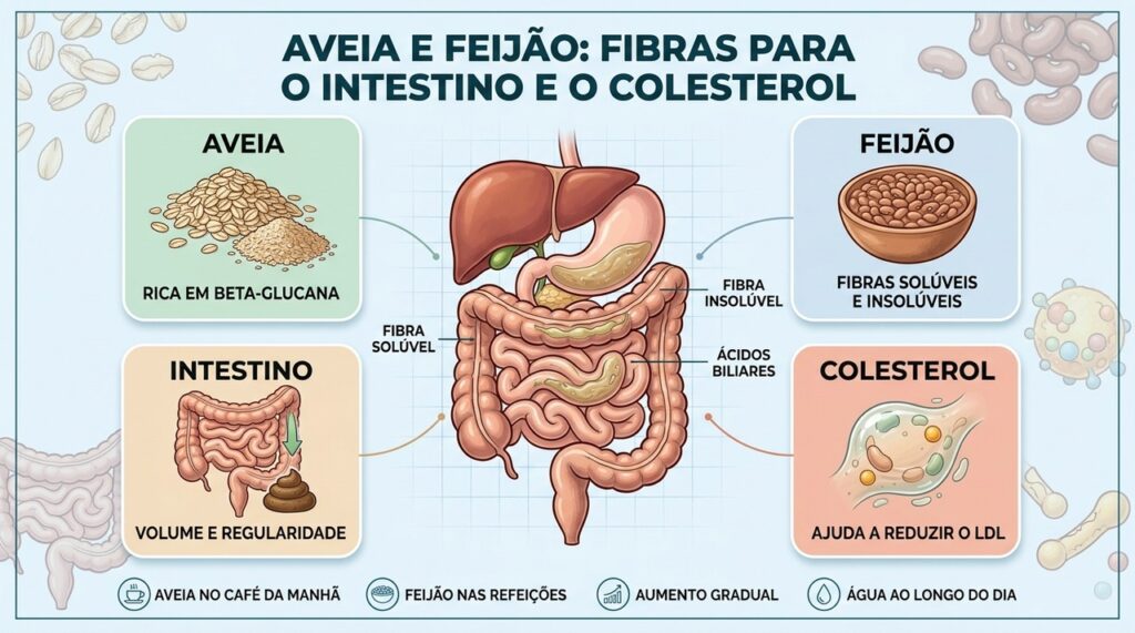 Beta-glucana, fibras variadas, água e regularidade explicam como aveia e feijão se complementam.