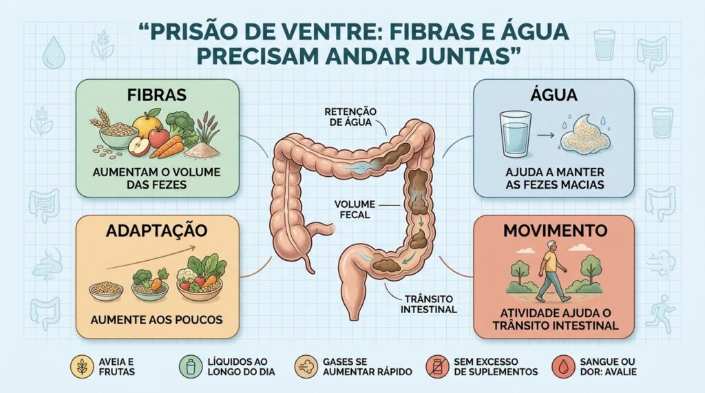 Fibras, água, adaptação gradual e movimento ajudam a melhorar a constipação com conforto.