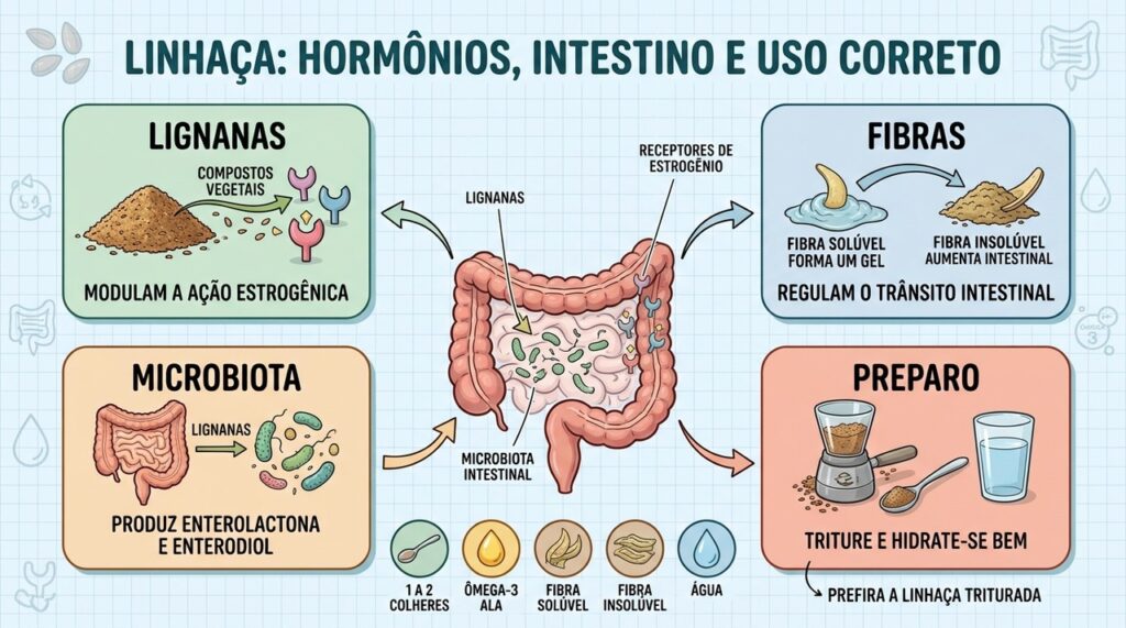 Lignanas, fibras, microbiota e preparo correto explicam os principais efeitos da linhaça.