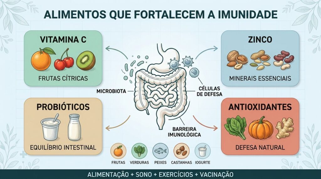 Vitamina C, zinco, probióticos e antioxidantes atuam juntos na resposta imunológica.