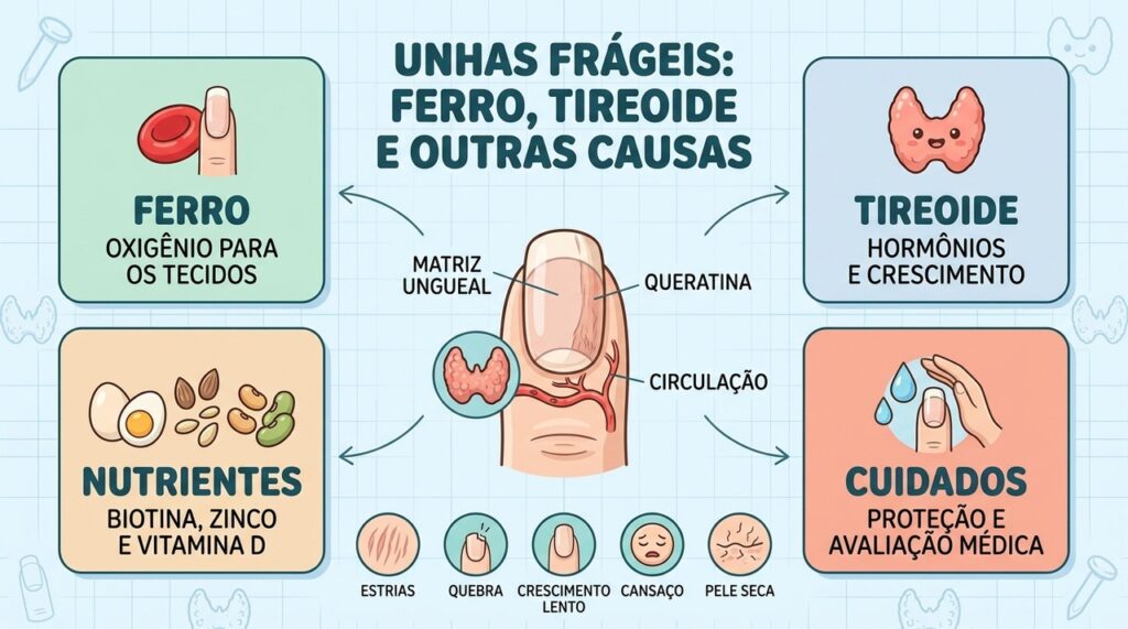 Quatro pilares ajudam a investigar unhas frágeis: nutrientes, tireoide, cuidados e avaliação.