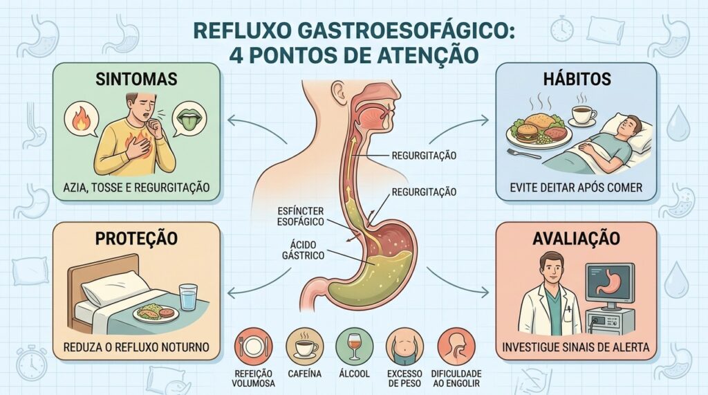 Sintomas, hábitos, proteção noturna e avaliação ajudam a controlar o refluxo.