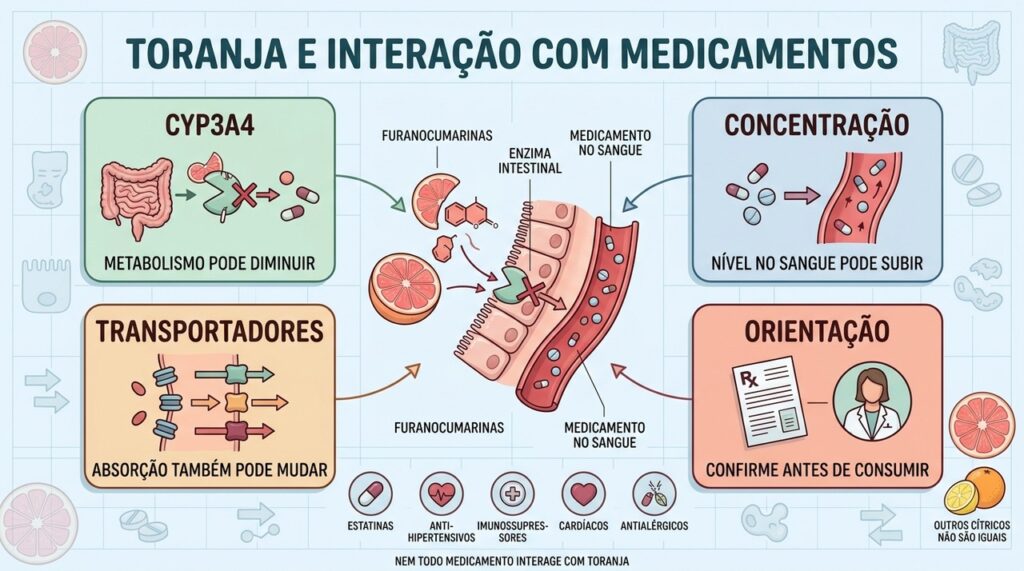 Enzimas, transportadores e concentração sanguínea explicam as principais interações da toranja com medicamentos.