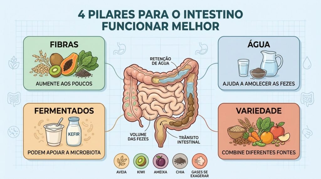 Fibras, hidratação, fermentados e variedade ajudam o trânsito intestinal sem excessos.