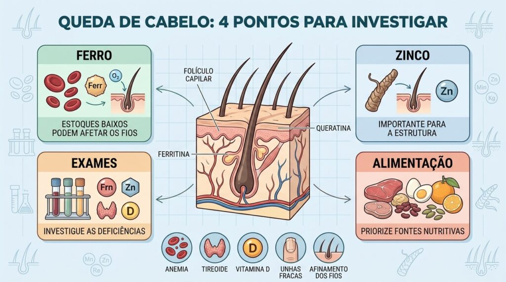 Ferro, zinco, exames e alimentação ajudam a investigar a queda capilar persistente.