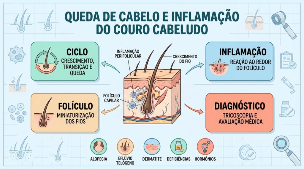 Ciclo capilar, inflamação perifolicular e diagnóstico ajudam a entender diferentes causas da queda.