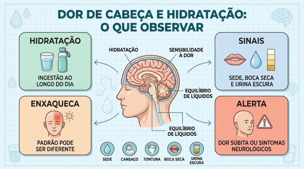 Hidratação, sintomas associados e sinais de alerta ajudam a interpretar a cefaleia.