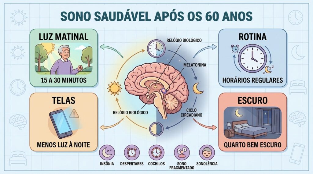Luz matinal, rotina e ambiente escuro ajudam a regular melatonina e ciclo circadiano.