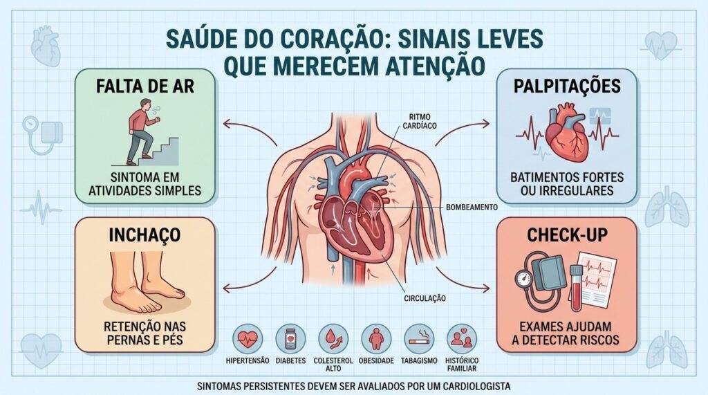 Falta de ar, palpitações, inchaço e exames ajudam a identificar riscos cardiovasculares.